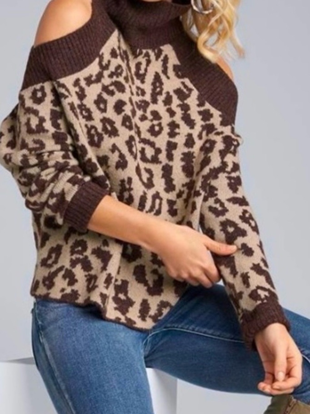 VENUS Brown and Cream Leopard Cold-Shoulder Sweater